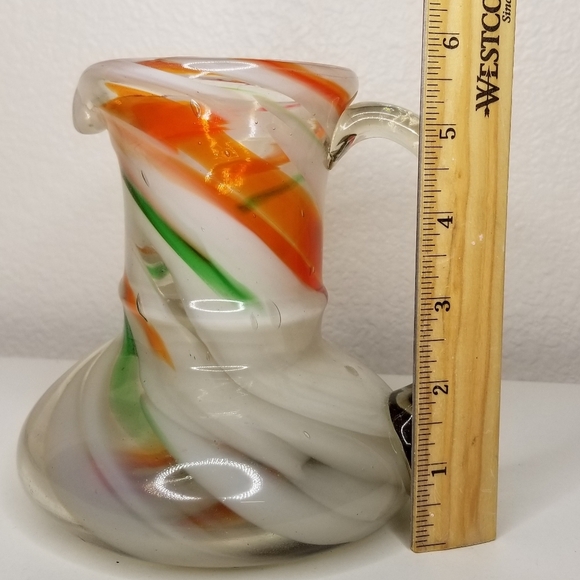 Hand Blown Art Glass Pitcher Orange Green White Swirl Design 20oz - Picture 10 of 12